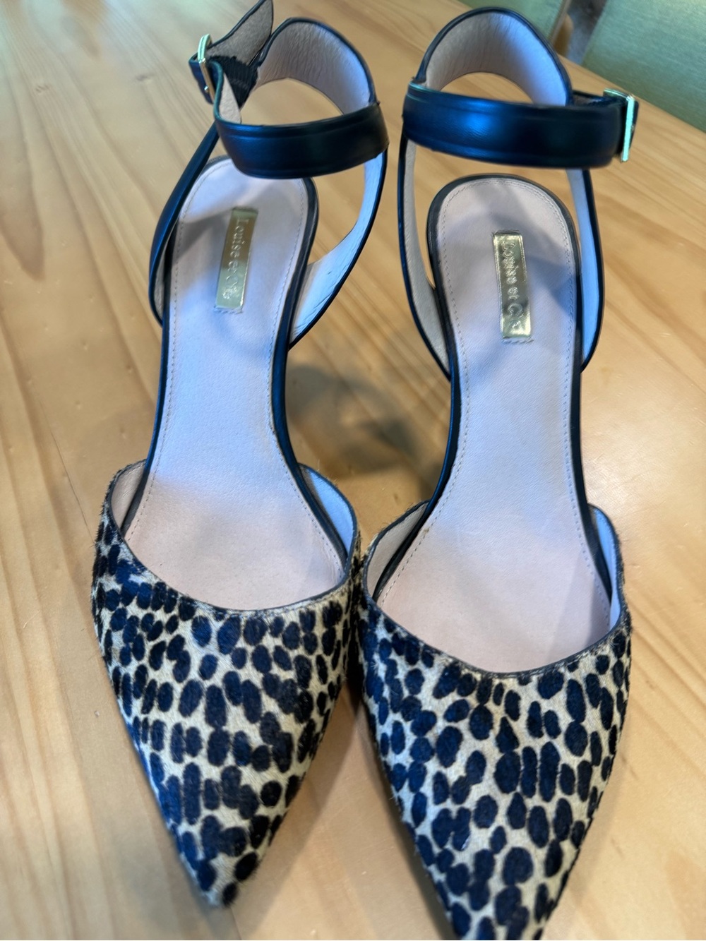 Louise et Cie Leopard Print Pointed-Toe Ankle-Strap Pumps - Black/Beige Size 10M